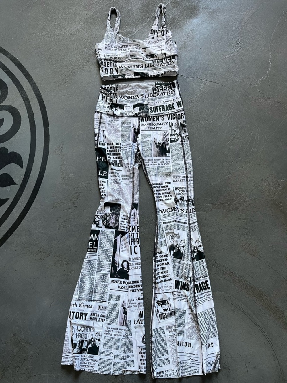 Women's Black & White Newspaper Print Two-Piece Set yoga set